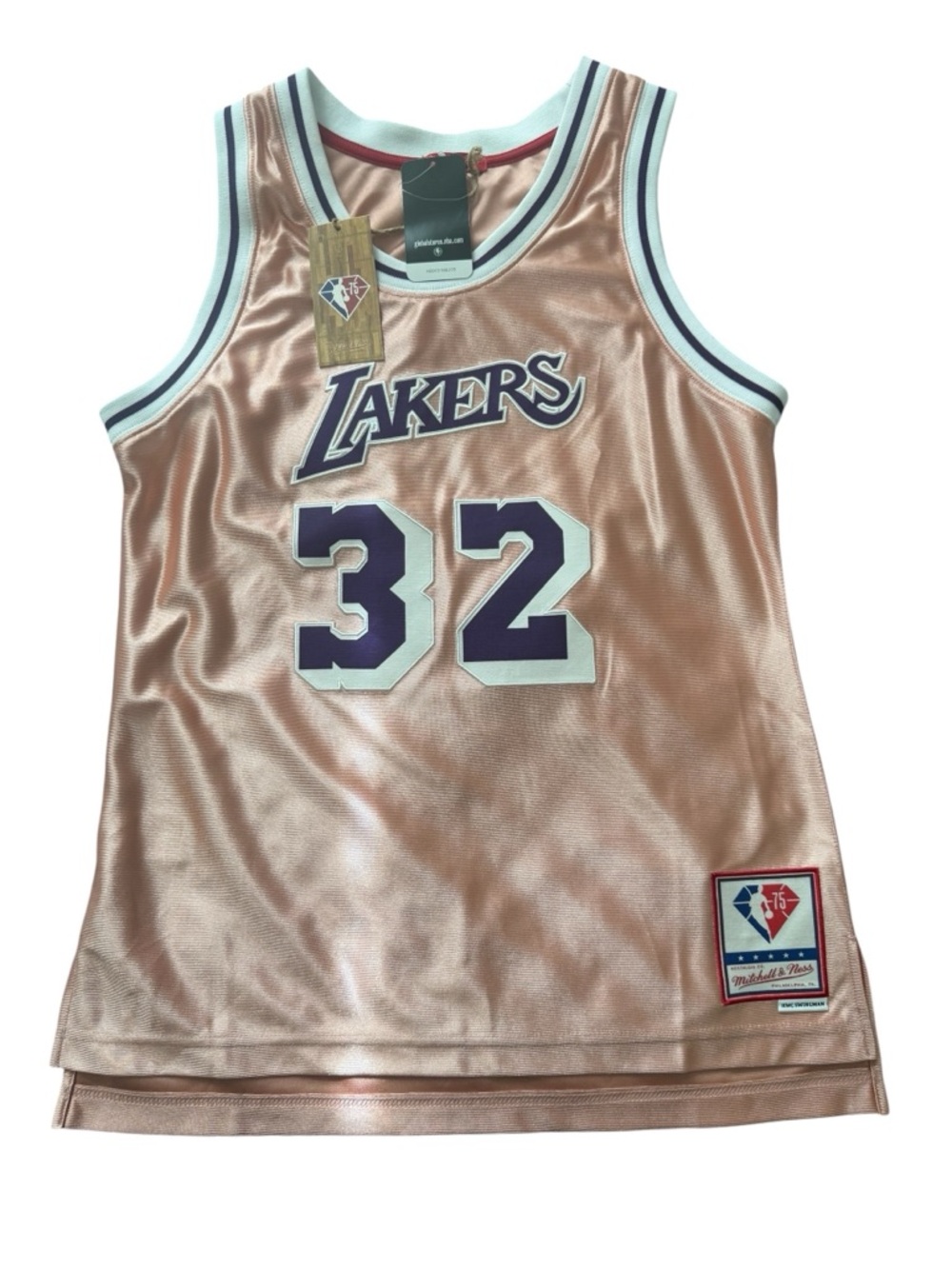 Mitchell & Ness Lakers Magic Johnson #32 Pink Satin NBA 75 Patch Jersey